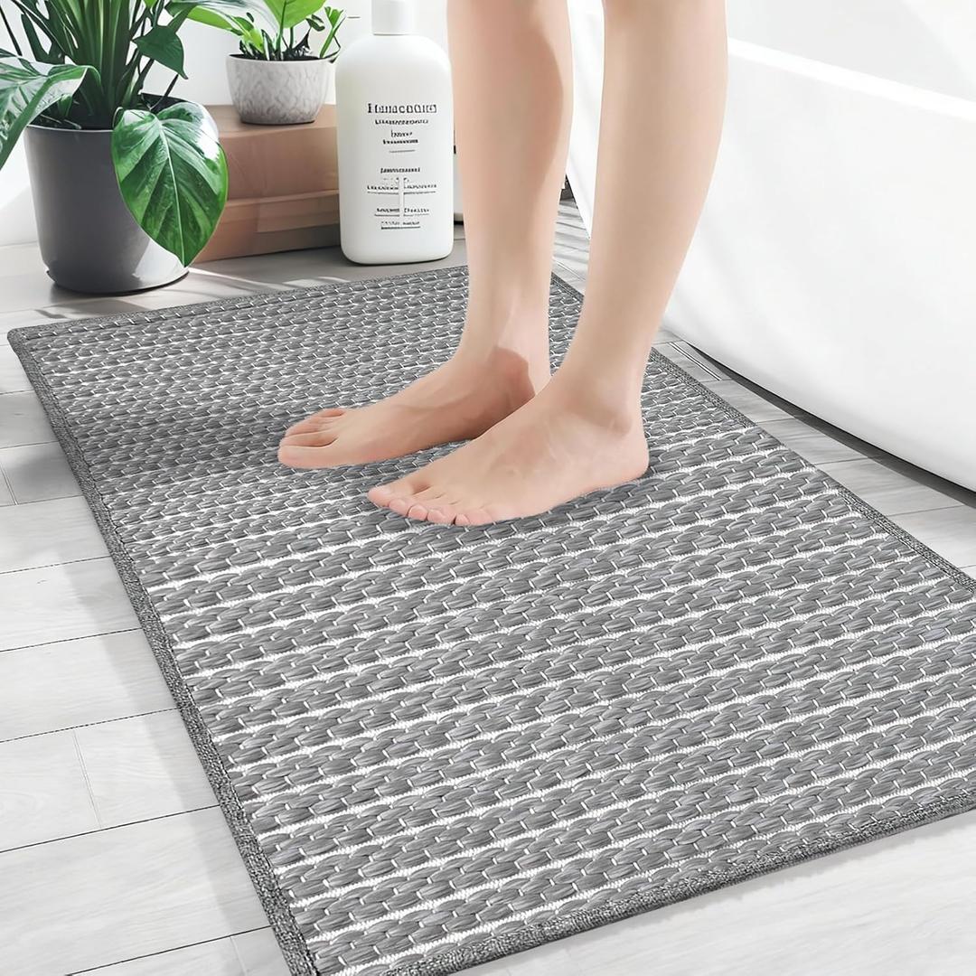 Small Bathroom Rugs,18"x30" Non Slip Grey Braided Bath Mat for Bathroom Floor,Washable Luxury Bath Rug for Tub Soft Boho Absorbent Shower Mat