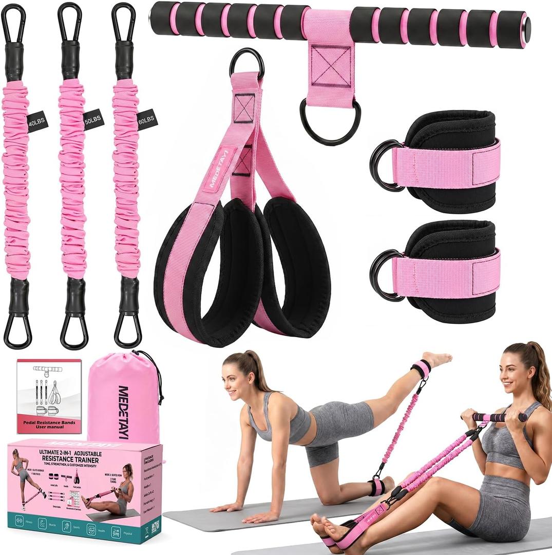Pedal Resistance Band 40/50/60 lbs with Handles and Ankle Cuffs, 3-Tube Adjustable Exercise Bands for Womens Home Workout, Abs, Core, Arm, Leg and Hip Training