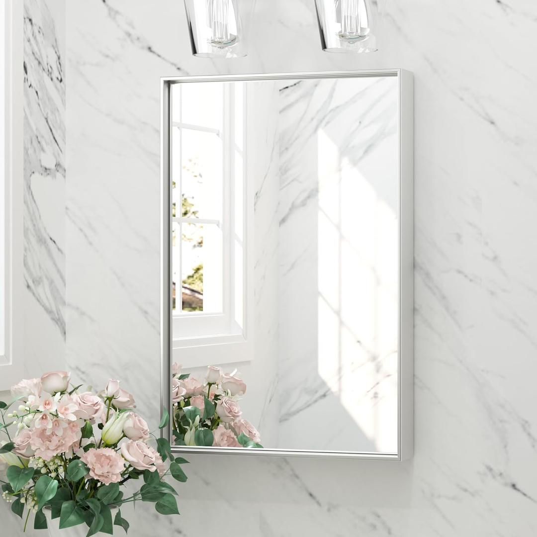 Keonjinn 16 x 24 Inch Brushed Silver Bathroom Mirror for Wall, Silver Rectangle Vanity Mirror, Modern Farmhouse Mirrors, Metal Framed Rectangular Square Corner Mirrors(Horizontal/Vertical)