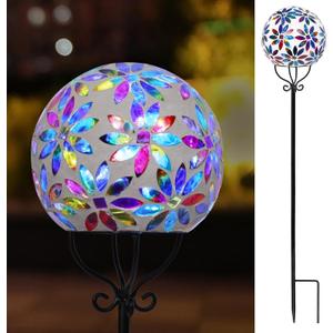 VCUTEKA Solar Outdoor Lights Garden Decor Mosaic Solar Garden Lights Waterproof Glass Ball LED Pathway Stake Light for Landscape Lawn Patio Yard Decoration 6 inch, Multi