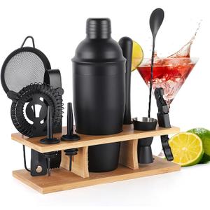 Bartender Kit 11-Piece Cocktail Shaker-Muddler for Cocktails 25oz Boston Shaker-Bar Accessories with Stylish Bamboo Stand Mix Drink Shaker kit Perfect Martini kit with Cocktail Recipes Booklet (Black)