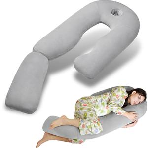 Pozico U-Shaped Full Body Pillow for Side Sleepers  51-Inch Cooling Pregnancy Pillow with Ear Piercing Design for Neck, Back, and Hip Support  Removable Washable Cover Space-Saving Design (Grey)