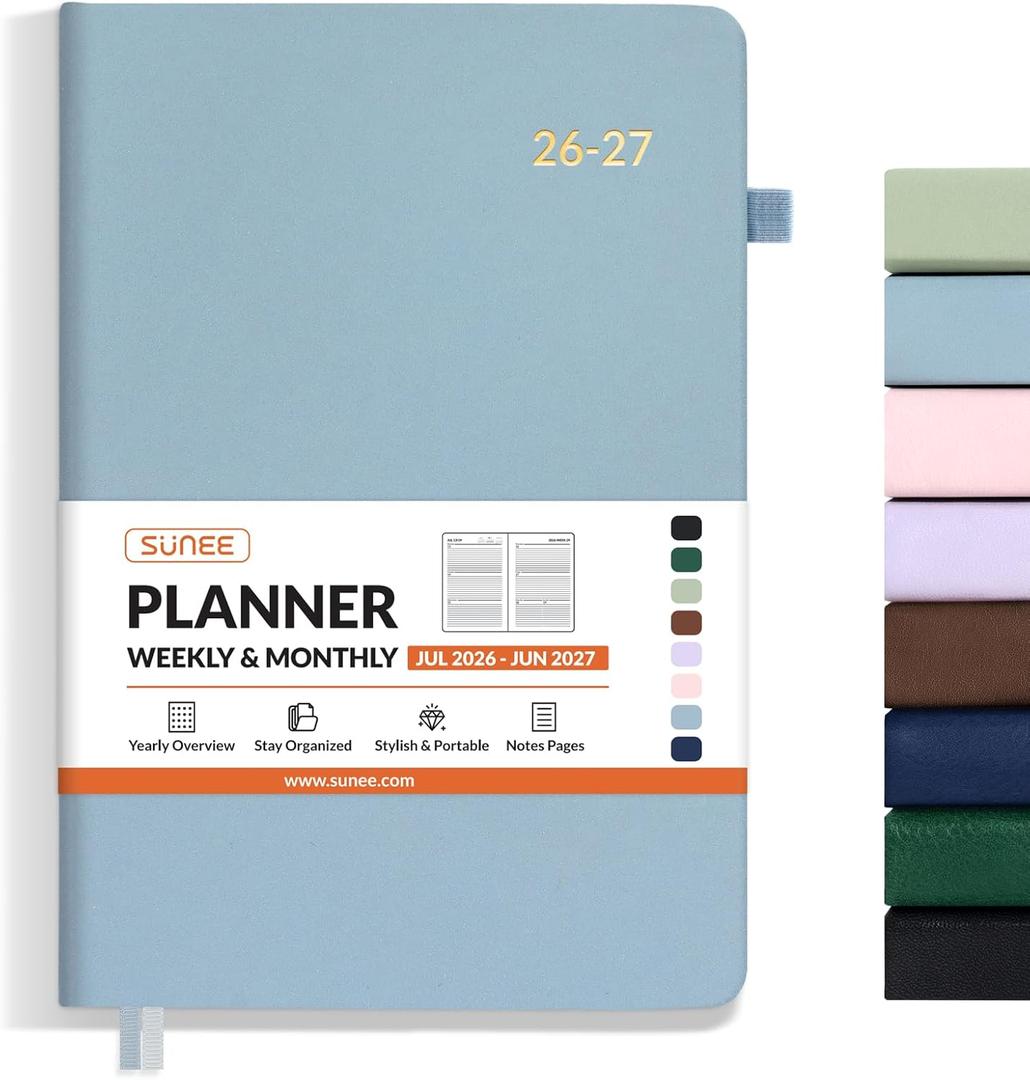 SUNEE 2026-2027 Weekly & Monthly Hardcover Planner 5.5" x 8.3" - 12 Month (July 2026 - June 2027), Small Academic Year Calendar Planner, Pocket, Notes, 100 GSM Paper, Sage Blue