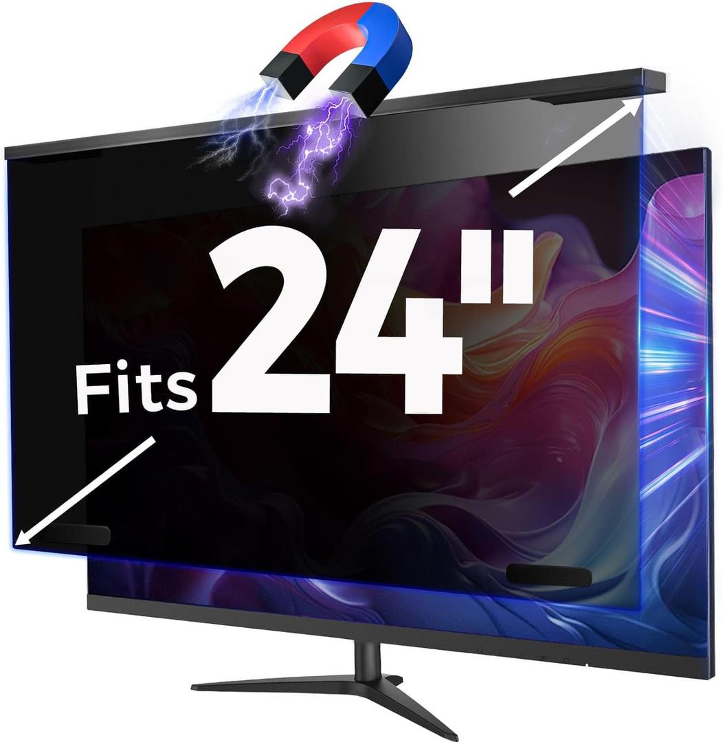 Magnetic 24 Inch Computer Privacy Screen Filter, Aluminum Alloy Hanging Privacy Screen for Computer Monitor for 16:9 Monitor Removable Anti Blue Light Eye Protection (24 inch)