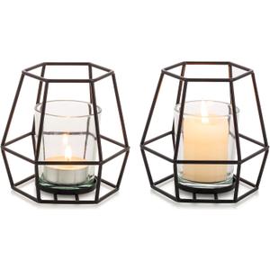 Nuptio Pillar Candle Holder Black Tea Light Candle Holders 2 Pcs Geometric Tealight Candle Holder Metal Candle Stand Table Centerpiece for Halloween Office Home Decor