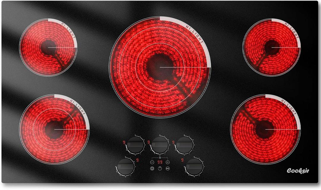 Upgraded 36 Inch Electric Cooktop 5 Burners - Powerful 9200W Built-in(34.25"x19.3") Electrical Stove,u Electric Cook Top 30 In Knob Control, 99 Minutes Timer, Safety Lock, 220-240V Hard Wired