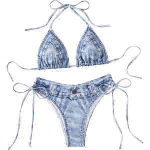 SHENHE Women's 2 Piece Swimsuits Denim Print Halter String Triangle Tie Side Bikini Set (Blue)
