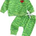 Baby Boy Christmas Outfits Heart Animal Green Long Sleeve Sweatshirt Pants Set Toddler Infant Christmas Clothes (3-4T)