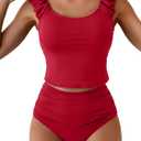 Eomenie Tankini Swimsuits for Women Ruched Tummy Control Bathing Suits Two Piece Swim Tank Top with High Waisted Bottom (Large, Red)