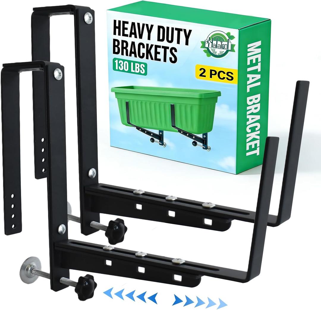 Halatool Window Box Brackets, 2 Pack Adjustable Flower Planter Box Brackets, Heavy Duty No Drill Window Box Brackets with 75 lb Capacity for Outdoor Railings, Balcony, Porch, Fence, and Garden