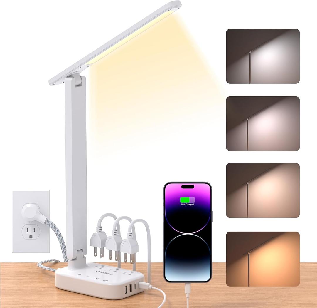 One Beat Small LED Desk Lamp Power Strip 5ft Extension Cord with 3 Outlets 4 USB Ports(2 USB C), 4 Modes, 5 Level Touch Lamp Study Reading Light, Home Office Bedroom College Dorm Room Essentials,White