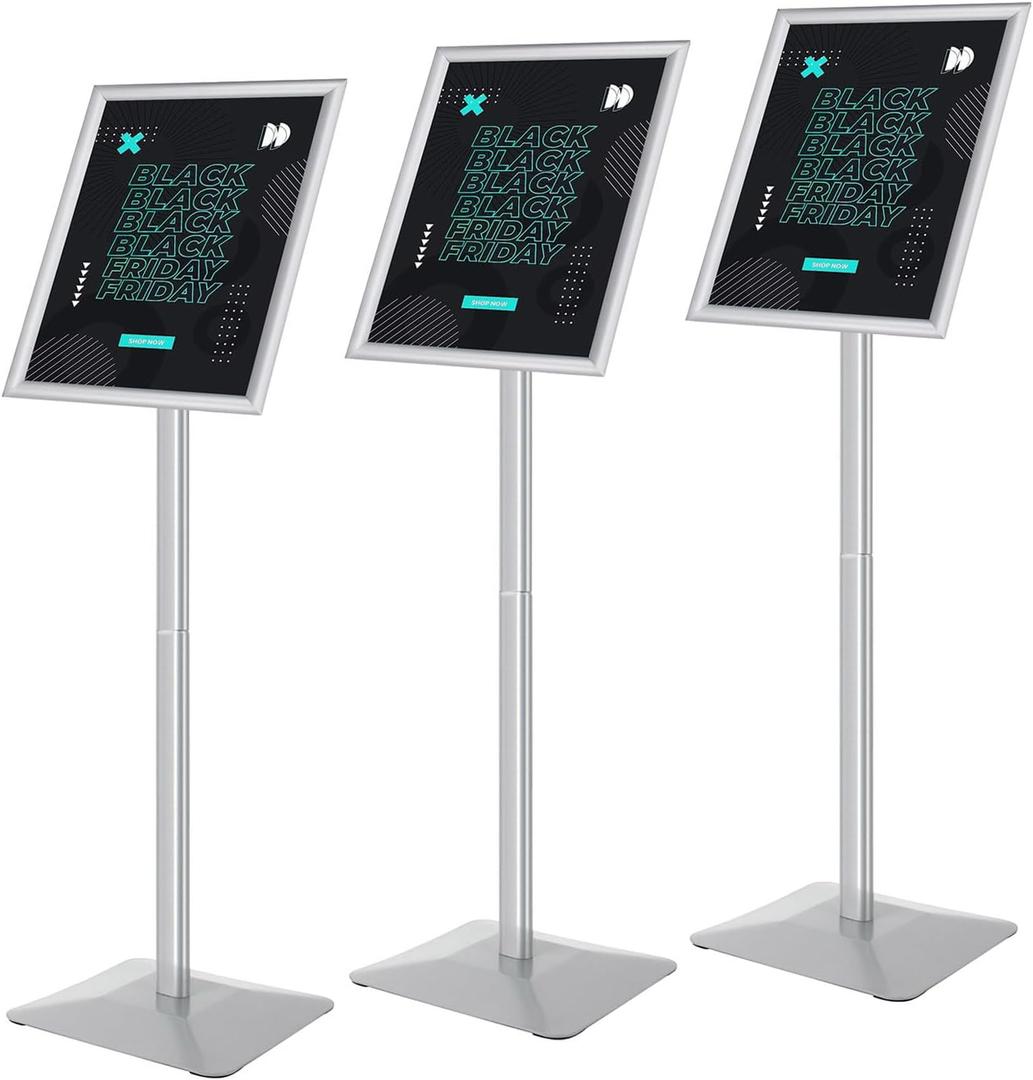 Sign Stand for Display, 11lbs Integrated Rod Heavy Duty Pedestal Floor Signage Stand Holder, for Outdoor or Indoor Advertising (11 x 17, Silver, 3Pack)
