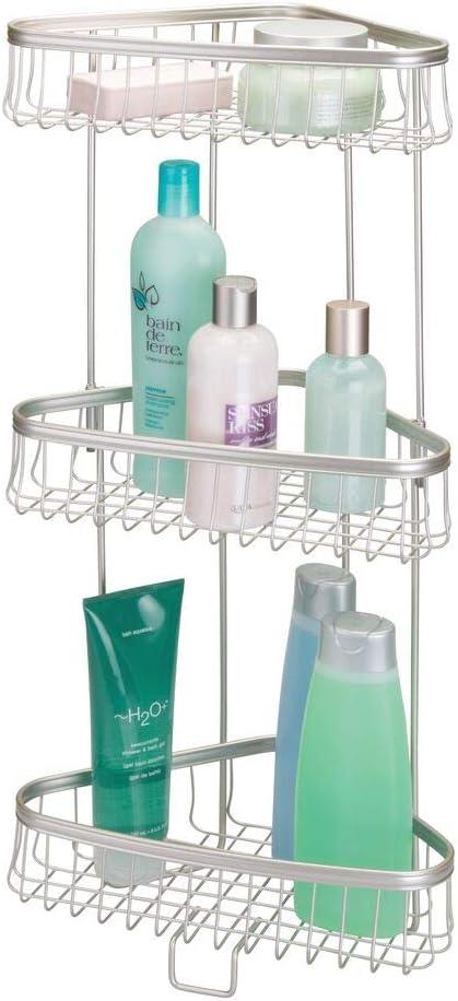 mDesign Metal 3-Tier Bathroom Corner Shower Shelf - Free Standing Vertical Unit Storage Shelves - for Organizing Soaps, Shampoos, Conditioner, Fash Face, Body Scrubs, Body Washes - 3 Baskets - Satin
