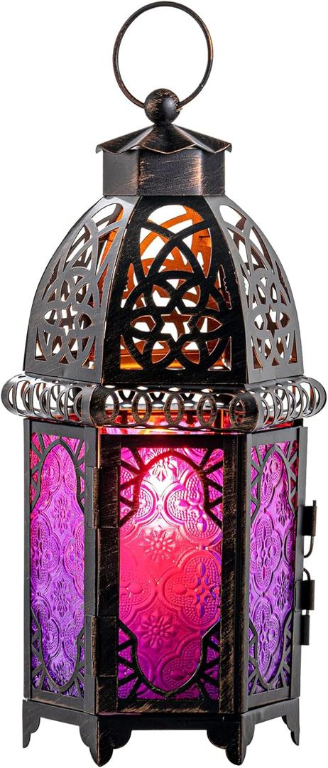 DECORKEY Moroccan Decorations Indoor, Purple Decorative Candle Lantern for Halloween Light Decor, 12.8 Vintage Metal Hanging&Tabletop Lantern, Ramadan Lantern for Home Outdoor Patio(Purple) (Large)