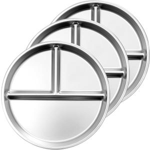 Tainless Steel Kids Plates 3 Packs, 9" Portion Control Plate Divided Plates for Toddler & Adults, Non Toxic Unbreakable, Balanced Diet Dinner Trays for Home, Camping & Bariatric Diets