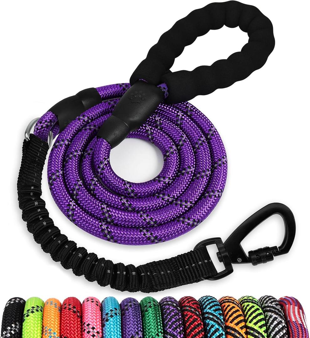 Rope Dog Leash 6 FT: Heavy Duty Leashes with Swivel Lockable Hook Reflective Threads Bungee and Padded Handle - Dog Lead for Small Medium Dogs Outside Walking Hiking Purple (6ft*1/2'')