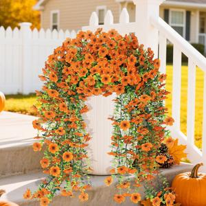 2 x Artificial Fall Flowers for Outdoors, 2 Pcs Fake Fall Silk Daisy Flowers Artificial Mums for Outdoors, Fake Hanging Mums UV Resistant for Outside Home Porch Patio Planter Decor