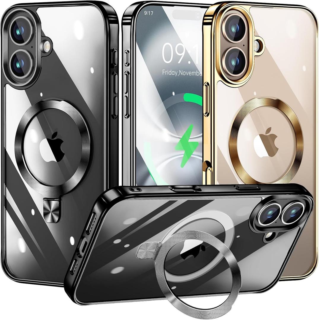 [CD Ring Compatible with MagSafe Invisible Stand] Magnetic for iPhone 16 Case, [Clear Bumper Non-Yellowing] [Look as Bare iPhone] Slim Clear Case with Holder for Women Men Girls, Black