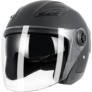 Adult 3/4 Open Face Motorcycle Helmet, Double Visor Motorbike Scooter Ebike Moped Cruiser Helmets for Men and Women DOT Approved (Medium, Black)