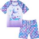 WAWSAM 2 Pieces Girls Rash Guard Toddler Swimsuit Girl Swimsuit Short Sleeve Bathing Suit for 3-6 Years (5T, Mermaid Purple)