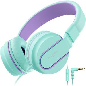 Kids Headphones, AILIHEN I35 On-Ear Headphones for School, 93dB HD Mic Stereo Headphone for Kid Girls Children, Foldable Wired 3.5mm for Chromebook, Laptop, Computer, Tablet (Green Purple)