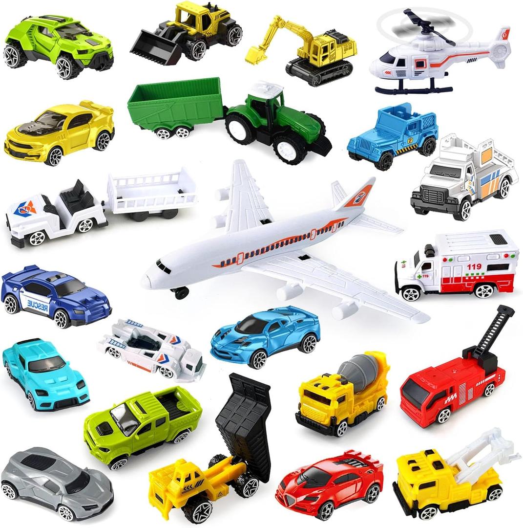 CORPER TOYS 24-Pcs Vehicles Set Toys with Airplane Jet Toy, Helicopter and Mini Cars Trucks Playset for Toddlers Kids Ages 3+ Gift for Birthday Party Favors Christmas