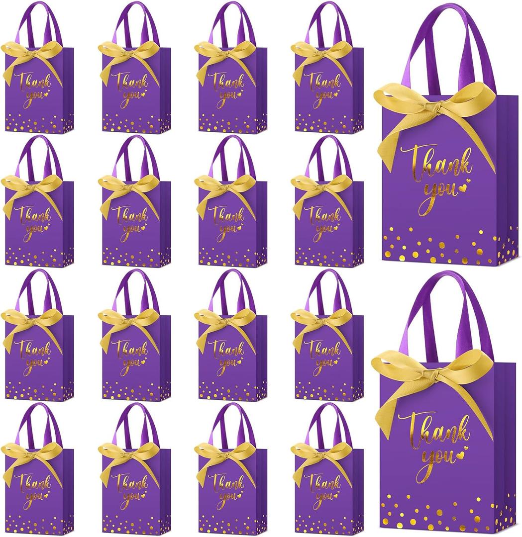 Kolldenn 36 Pack Small Thank You Gift Bags with Handles 5.9 x 4.3 x 2.4 Inches Wedding Favor Bags with Bow Ribbon Graduation Candy Goodie Gift Bag Bulk for Wedding Birthday Bridal Shower(Purple)