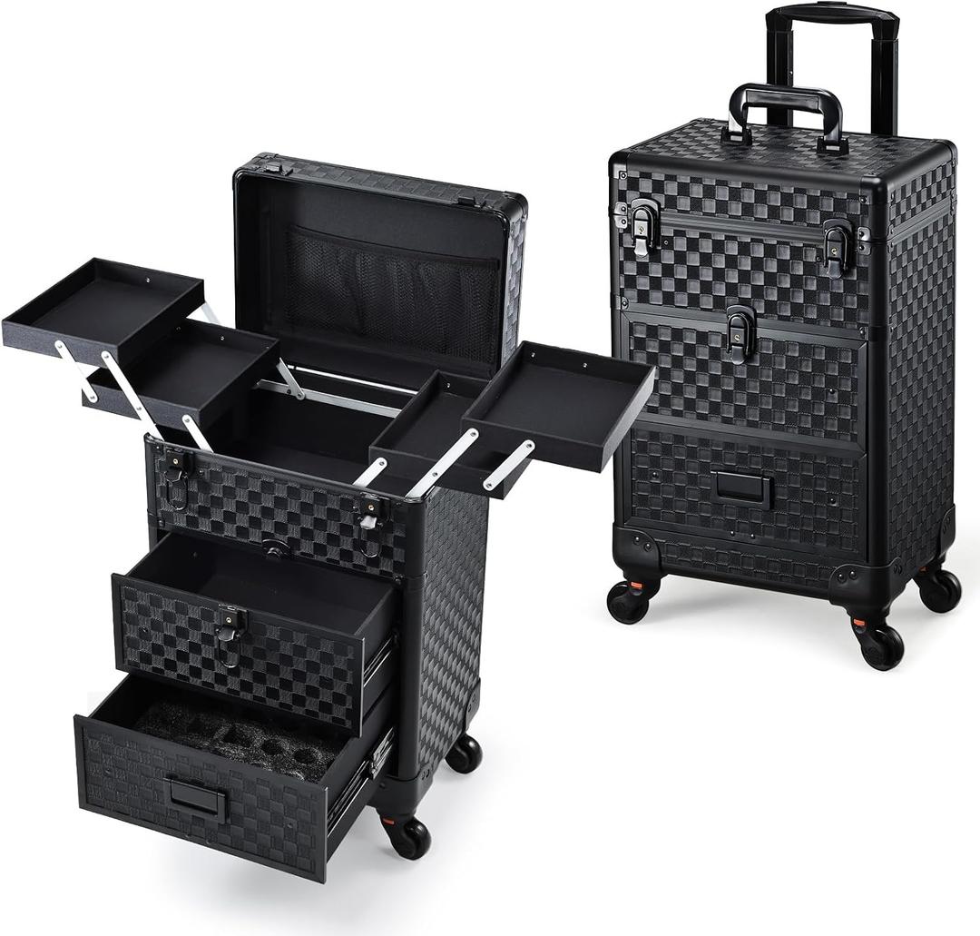 Stagiant Rolling Makeup Case with Drawers Cosmetology Case on Wheels 3 IN 1 Makeup Case 2 Drawers with Foot Stand Spring-release Mechanism Rolling Make Up Organizer for Artist Salon Nail Teach Trunk