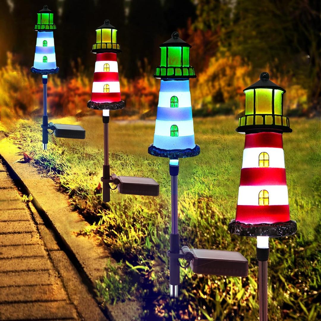 Solar Powered Waterproof Garden Lights 4 Pack Lighthouse Design for Outdoor Garden Lighting, Backyard Decorations & DIY Backyard Patio, Must-Have for Patio Lovers, 2.5 x 2.5 x 16 inches