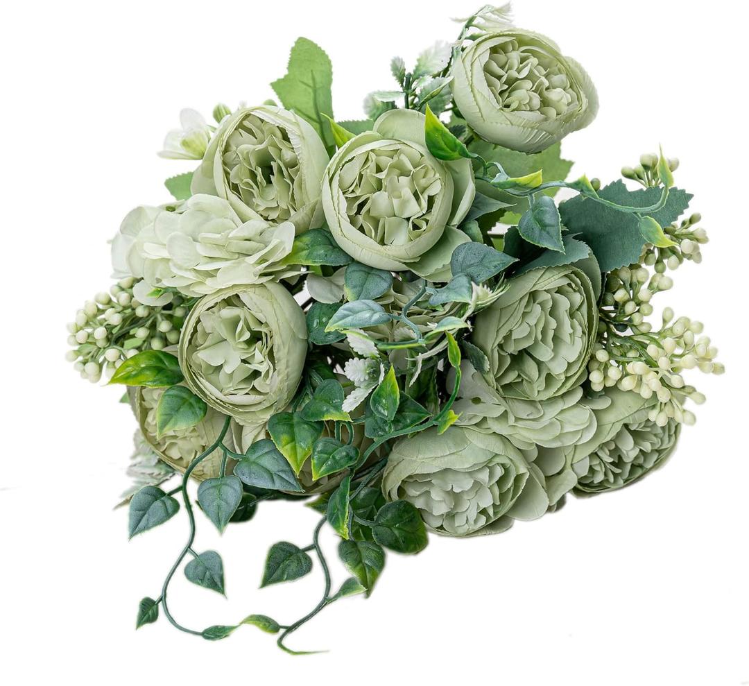 KAOYOO 4 PCS Artificial Peony Bouquet Short Stem for DIY Wedding Decoration Bridal Bouquet Home Decorations(Green 4-PCS)