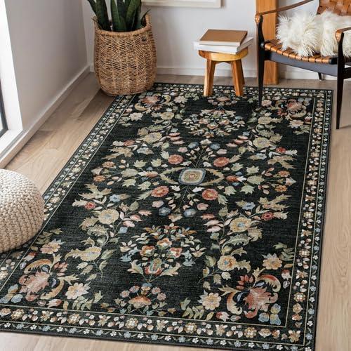 MUJOO 3x5 Rug Washable,Black Floral Area Rugs for Bedroom Bedside Entryway Living Room Kitchen,Floral Boho Small Indoor Floor Rug Non Slip Throw Carpet Low Pile Vintage