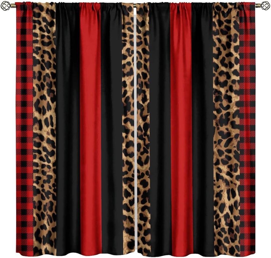 Leopard Print Curtains Red And Black Cheetah Buffalo Plaid African Wildlife Brown Skin Geometric Splicing Pattern Printing Bedroom Living Room Rod Pocket Window Drapes 2 Panels W42xl45 Inch Decor (Style-8)