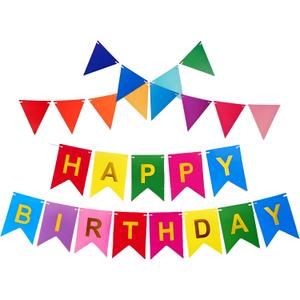 5 x Colorful Happy Birthday Banner with 12pcs Pennant Banner Flags, Rainbow Happy Birthday Sign with Shiny Gold Letters, Party Decorations for Boys Girls, DIY Party Supplies (Multi-color)
