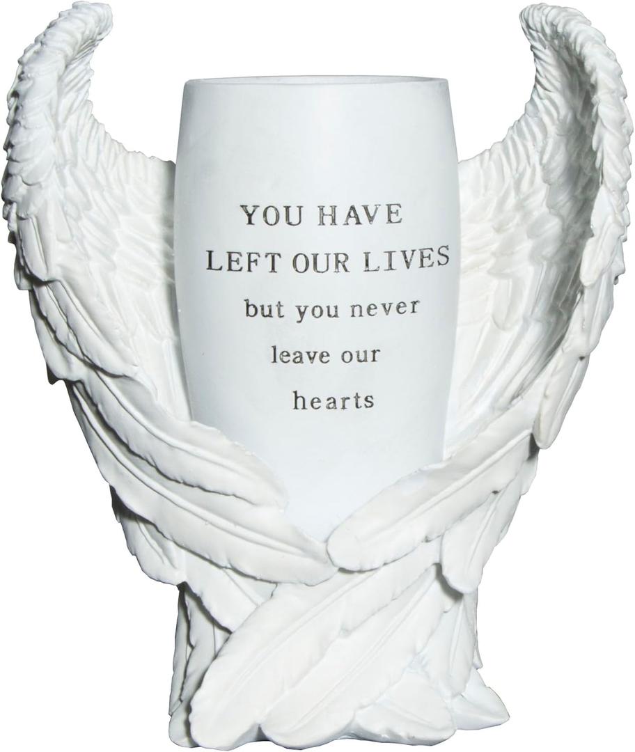 Grave Decorations for Cemetery, Resin Angel Wings Cemetery Grave Flower Vase with Stake and Draining Hole for Garden Statues Decorations Memorial Gifts for Loss of Loved One (1, White)
