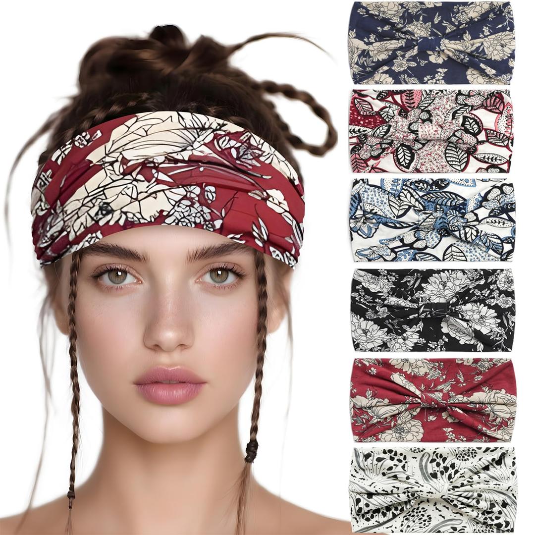 6 Pack Boho Style Women's Headbands, Non slip Fashion Wide Elastic hairband, Daily Sports Yoga Workout Women's Hair Bands,Floral Print,Red and Black (Type 5)