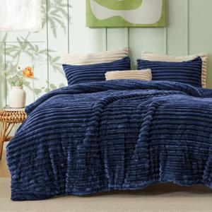 Bedsure King Comforter - GentleSoft 3 Pieces Double-Side Fleece Fluffy Navy Blue Comforter Set, Cozy Striped Room Decor Aesthetic, Luxury King Size Bedding with 2 Pillowcases, 104x90 Inches