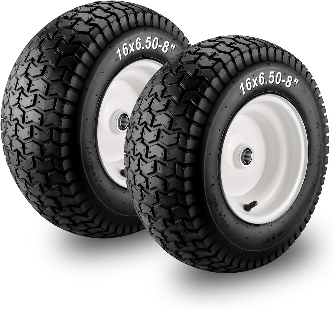Cenipar 16x6.50-8" Lawn Mower Tire and Wheel with 3/4" Iron Bushing, 3" Offset Hub 4 Ply Heavy Duty Replacement for Craftsman Mower, Garden Lawn Tractors (2-Pack) (white)