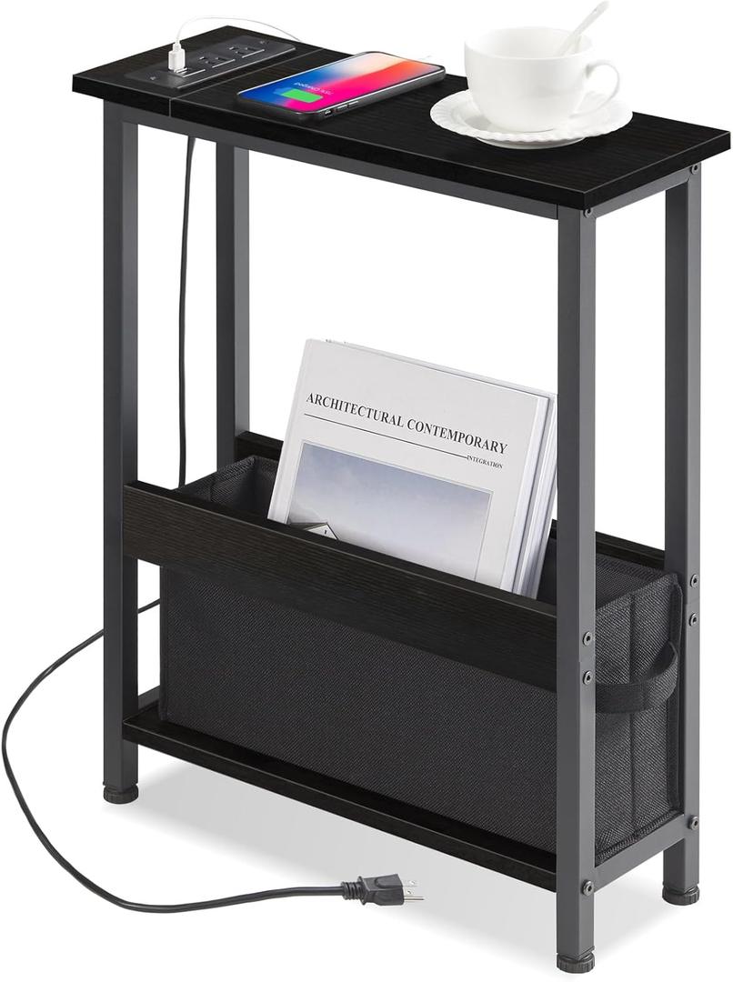 BAMGROW Slim Charging End Table with Storage - for Small Spaces and Bedroom (Black)