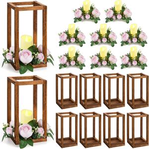 Sabary 30 Pcs Eucalyptus Wedding Lanterns Centerpiece Include Wooden Candle Holders No Batteries Candles Rose Wreaths for Farmhouse Rustic Table Decorations Country Party Gift(Light Pink Flower)