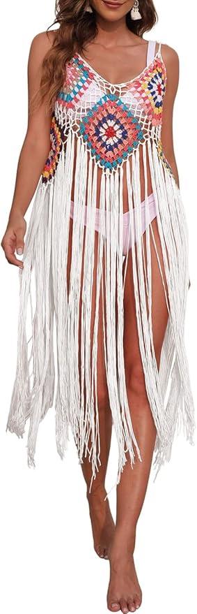 AILUNSNIKA Spaghetti Strap Tassel Crochet Cover Ups for Women Sexy Fringe Hem Swimsuit Cover Up Dress