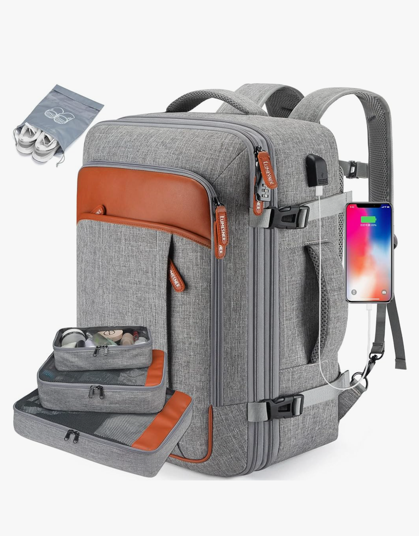 Lumesner Carry on Travel Backpacks, Extra Large 40L Flight Approved Bag for Men & Women,Expandable Suitcase Backpack With 4 Packing Cubes,Water Resistant Luggage Daypack Business Weekender Bag, Grey