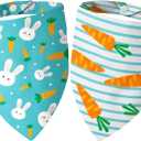 Dimidium Easter Dog Bandanas 2-Pack - Cute Design, White Green Stripe Carrot Print & Green Base Bunny Carrot Motif, Snap Button Adjustable Pet Scarf for Large Breeds (30-75lbs)