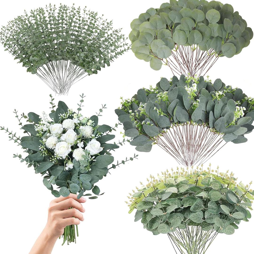 Eucalyptus Leaves Stems 200 PCS, 4 Kinds Mixed Artificial Greenery Stems for Wedding Decor Vase Floral Arrangement Centerpiece