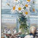 Blue Beach Bouquet Canvas Wall Art Ocean Stone Painting White Flowers Blooming Wall Canvas Print Canvas Wall Art Prints Poster Photo Picture Painting Posters Room Decor Home Decorative 16x24inch (40x60 (Frame-style)