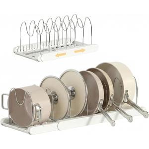 Expandable Pots and Pans Organizer Under Cabinet, 7 Stainless Steel Dividers, HIPS Base, 13-22 inch Heavy Duty Pan Rack with Lid Holder, Pot Organizer Inside Cabinet for Kitchen Storage