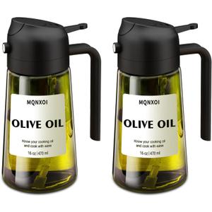 mqnxoi 2 in 1 Glass Oil Sprayer & Dispenser,16oz/470ml Olive Cooking, Air Fryer, and Salad, for Kitchen Gadgets and Air Fryer Accessories, w/Stickers (Black + Dark Green Bottle 2)