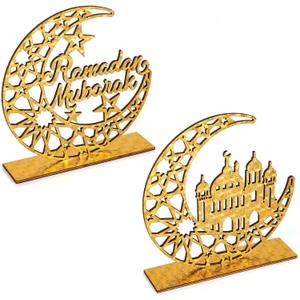 2 Pieces Wood Ramadan Decorations Islamic Eid Mubarak Kareem Table Sign Moon Hollow Star Ornament for Muslim Party Tabletop Decor Home Art Craft Decoration Golden Moon
