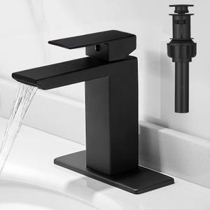 RUMOSE Matte Black Bathroom Faucets Set with Pop Up Drain Single Handle Bathroom Sink Faucet 1 & 3 Hole Waterfall Spout Vanity Faucet Kit with Deck Plate Rv Lavatory Basin Faucet, Stainless Steel