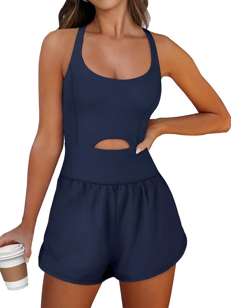 Caracilia Women's Workout Athletic Romper Summer Sets Short Jumpsuits Onesie Running Outfits Exercise Gym 2026 Trendy Clothes (Blue, S)