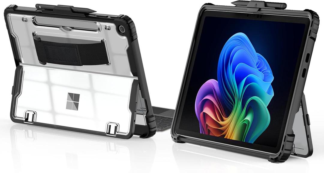 TiMOVO Case for Microsoft Surface Pro 12 Inch 2025 with Pen Holder, Rugged Clear Back Protective Cover with Removable Hand Strap, Compatible with Type Cover Keyboard, Black